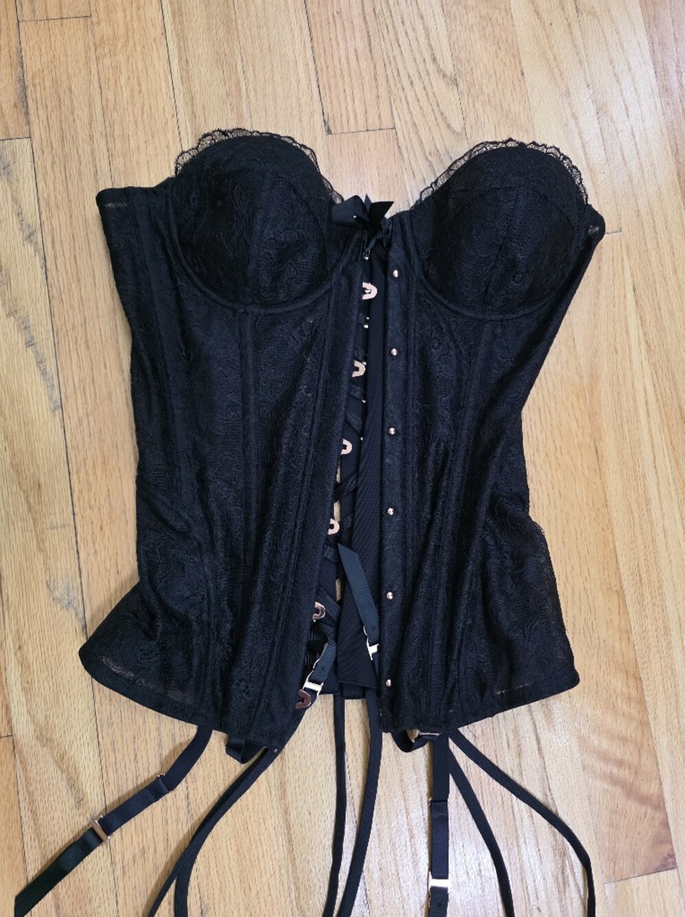 Rihanna's Savage X Fenty Caviar Black Lace Up Corset Padded Sz L NWT Embroidered